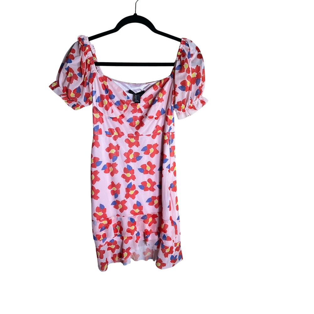 SBetro Pink Floral Mesh Mini Dress Puff‎ Sleeve Sweetheart Neck Ruffle Hem Small